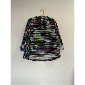 Ic by Connie K  Ladies Asymmetrical One Button Swing Jacket Blue Multi Sz.M